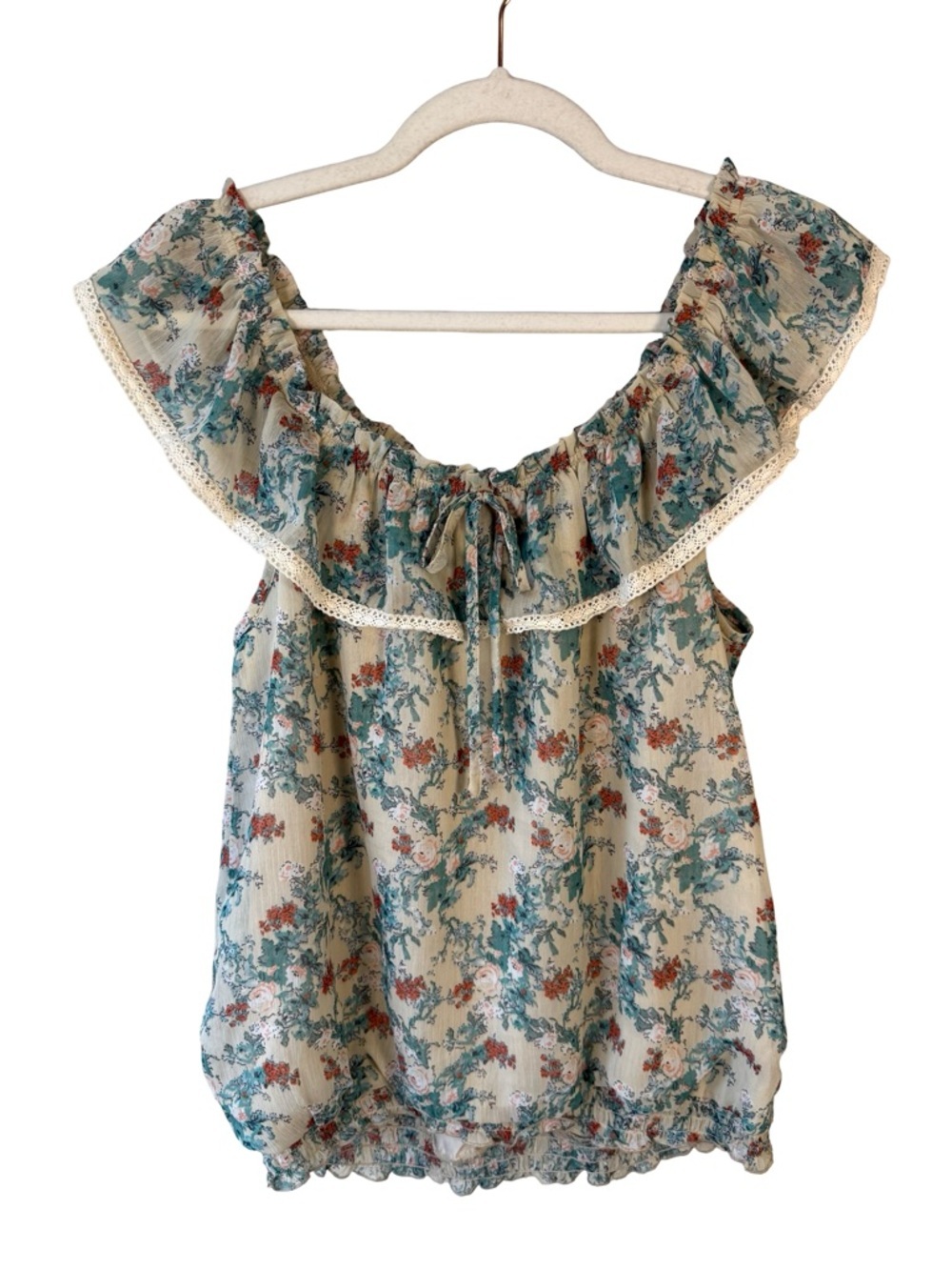 Floral Ruffle Off-Shoulder Blouse Cream & Teal Size M Cottagecore Boho Festival